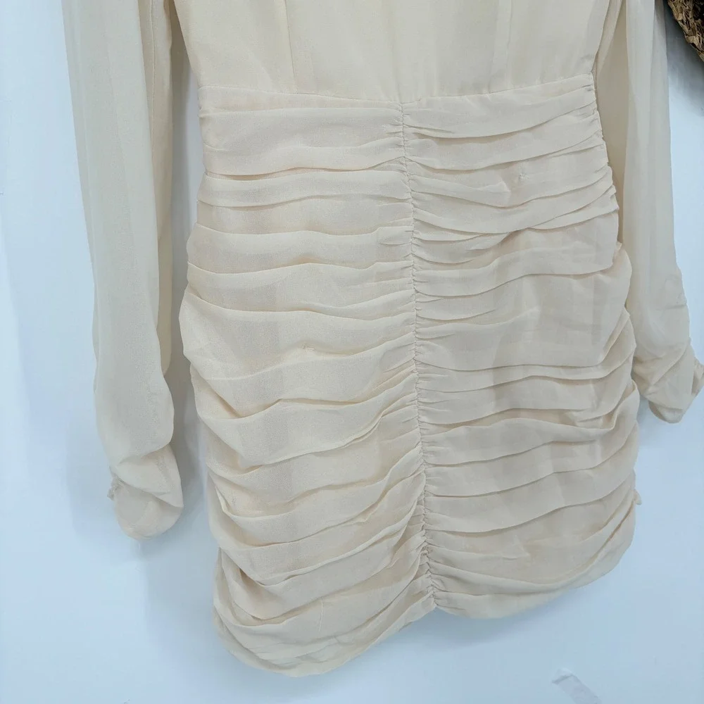 NWT S Vestique Listen to your heart chiffon Ruched Mini Dress Long Sleeve Ivory